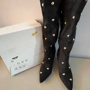 A New Day Black Heeled Boots with Pearl Accents